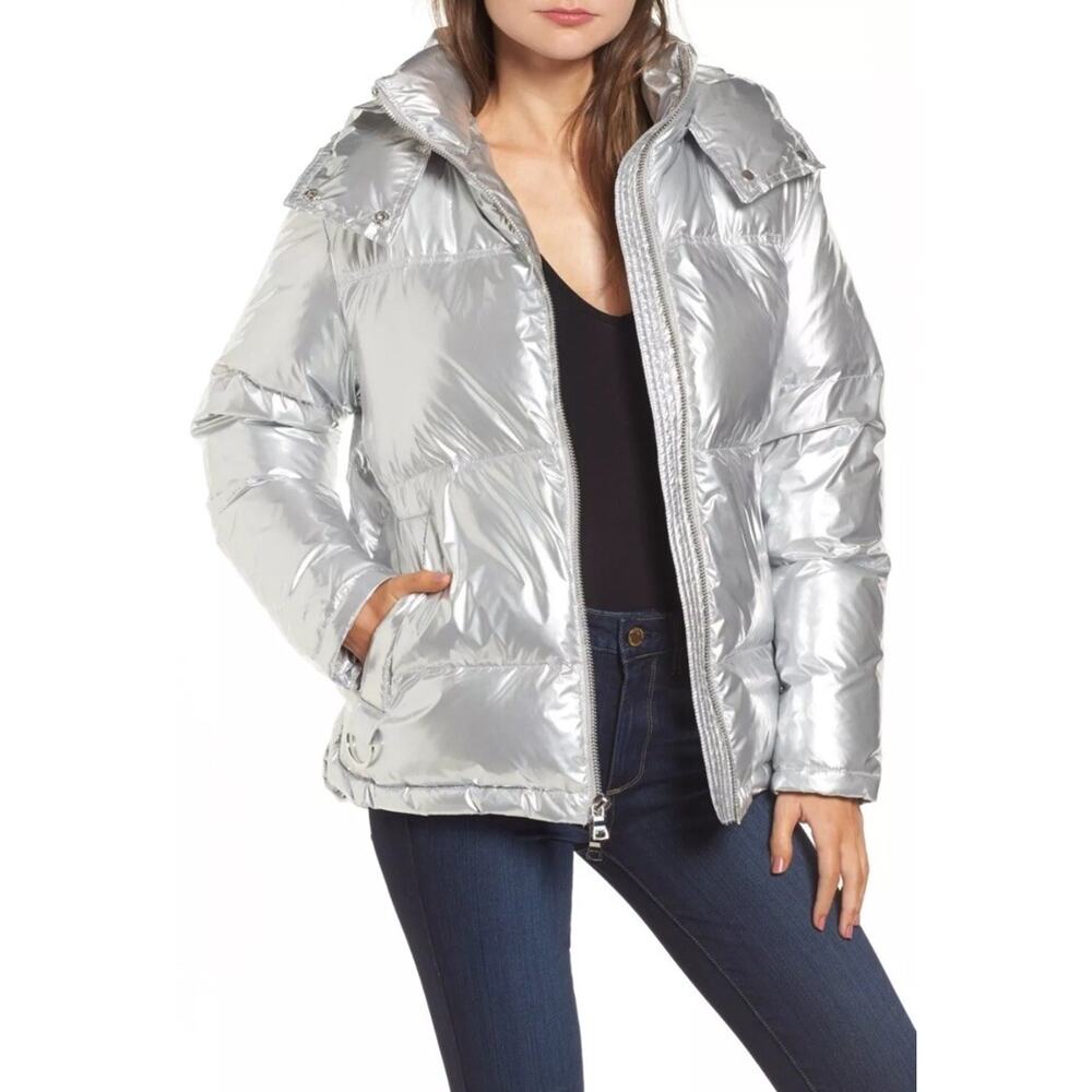 KENDALL+KYLIE Women's Metallic Silver Hooded Puff Jacket Sz. XS